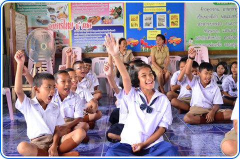 เด็กๆ ทุกคนโชว์ความพร้อมก่อนการเล่นเกมส์ลดโลกร้อน